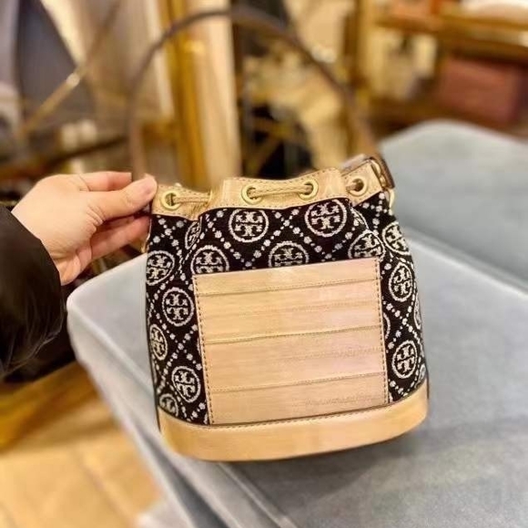 Tory Burch T Monogram Black and Beige Bucket Bag